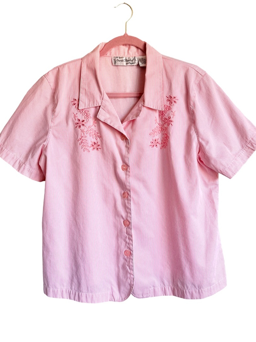 Vintage Sarah Bentley Pink White Stripe Embroidered Cottagecore Button Up Shirt
